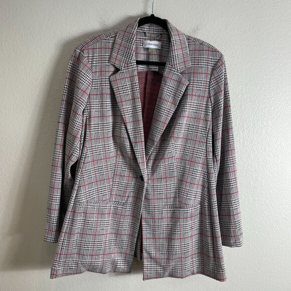 Calvin Klein Womens Plus 2X Red Black Plaid Blazer Jacket One Button - Picture 9 of 12